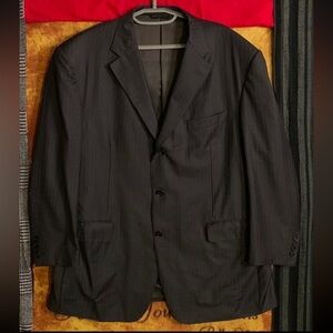 SAMUELSOHN-dark gray/light blue pin stripe long sleeve triple-button suit jacket